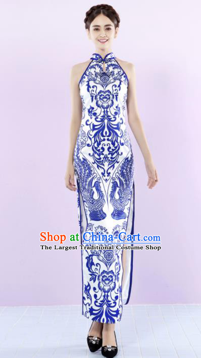 Chinese Traditional Chorus Printing Phoenix Cheongsam Wedding Bride Costume Compere Full Dress for Women