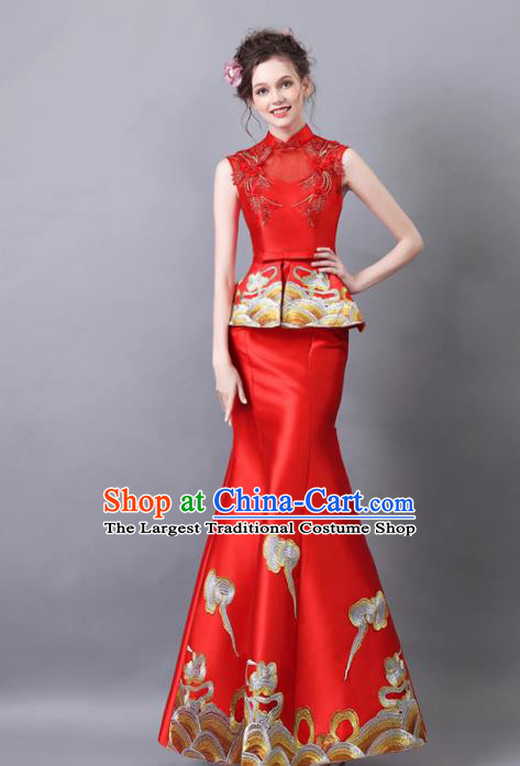 Chinese Traditional Chorus Cheongsam Wedding Bride Compere Red Satin Full Dress for Women