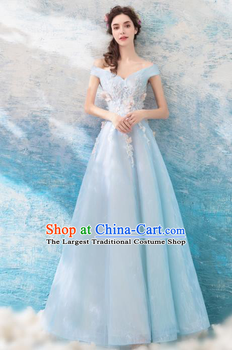 Top Grade Blue Evening Dress Compere Costume Handmade Catwalks Angel Full Dress for Women