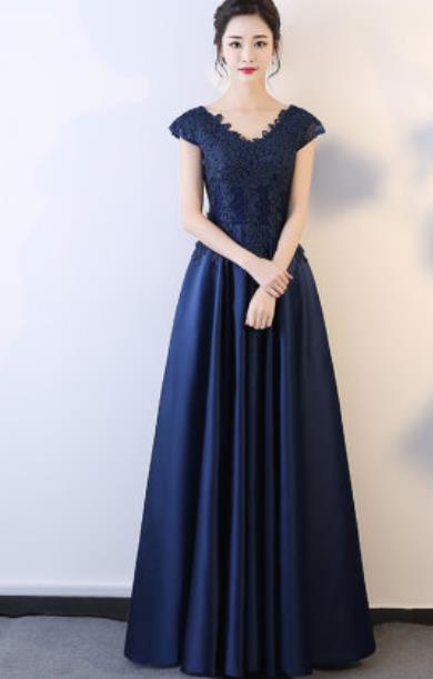 Top Grade Embroidered Navy Evening Dress Compere Costume Handmade Catwalks Angel Full Dress for Women