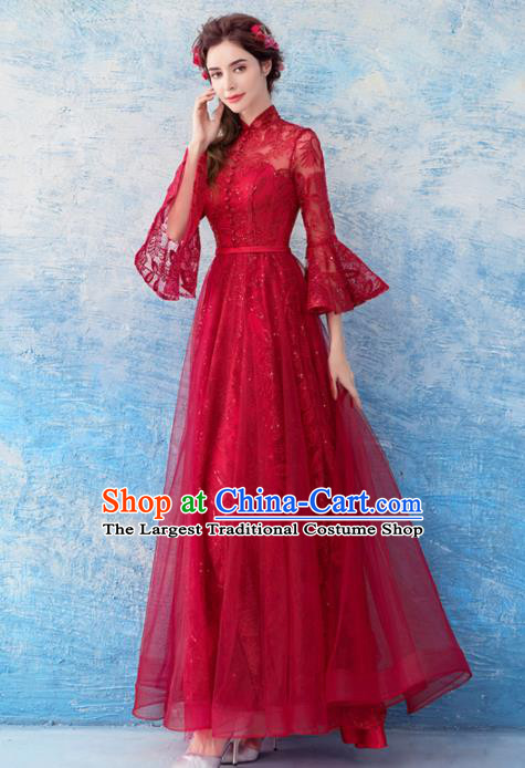 Top Grade Red Lace Evening Dress Compere Costume Handmade Catwalks Angel Full Dress for Women