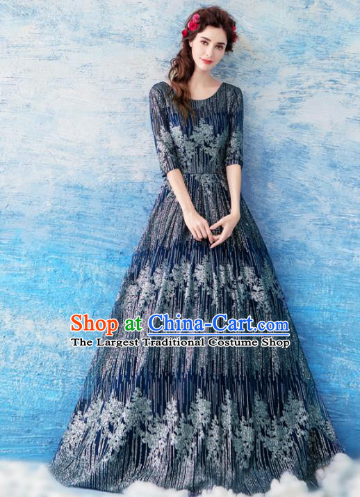 Top Grade Navy Diamante Evening Dress Compere Costume Handmade Catwalks Angel Full Dress for Women