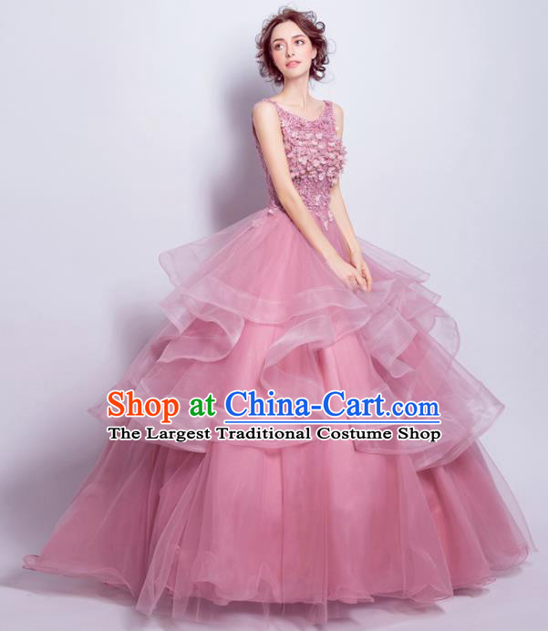 Handmade Bride Pink Wedding Dress Princess Costume Flowers Fairy Fancy Wedding Gown for Women