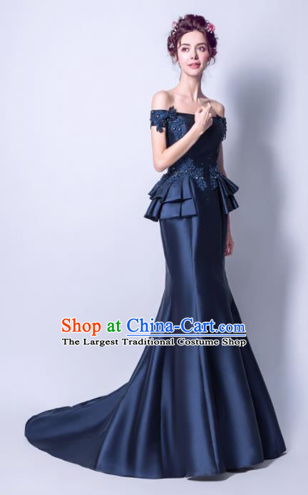 Handmade Navy Satin Evening Dress Compere Costume Catwalks Angel Full Dress for Women