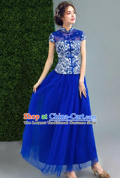 Chinese Traditional Blue Veil Cheongsam Wedding Bride Compere Chorus Full Dress for Women