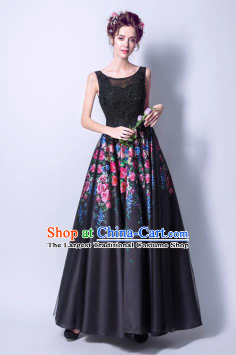 Top Grade Handmade Printing Roses Black Formal Dress Compere Costume Catwalks Angel Evening Dress for Women