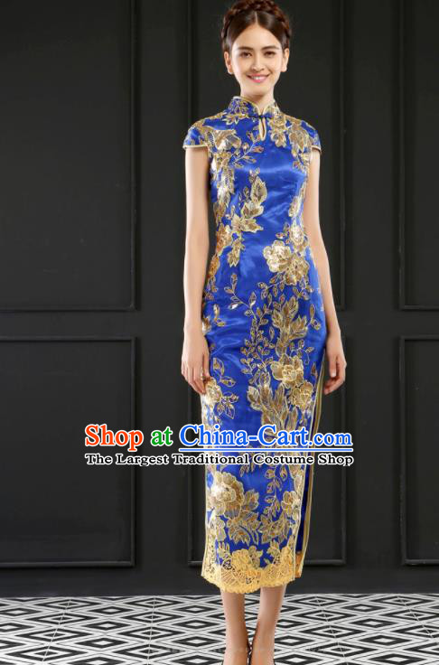 Chinese Traditional Embroidered Blue Cheongsam Wedding Bride Compere Chorus Full Dress for Women