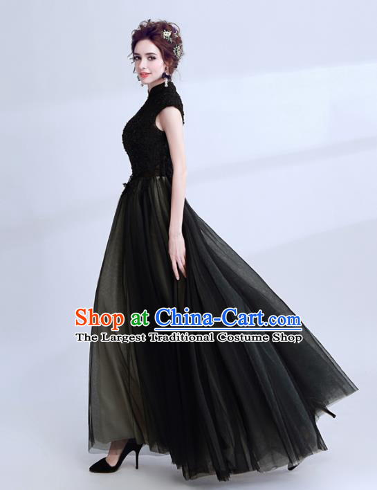 Handmade Black Lace Evening Dress Compere Costume Catwalks Angel Full Dress for Women