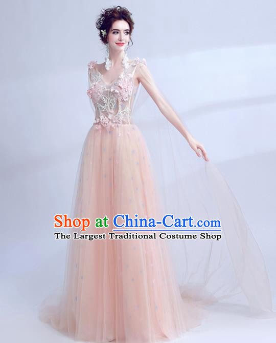 Handmade Pink Veil Evening Dress Compere Costume Catwalks Angel Full Dress for Women