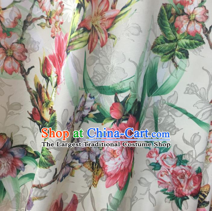 Chinese Traditional Apparel Fabric White Qipao Brocade Classical Peony Pattern Design Silk Material Satin Drapery