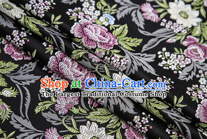 Chinese Traditional Bride Apparel Fabric Black Brocade Classical Peony Pattern Design Material Satin Drapery