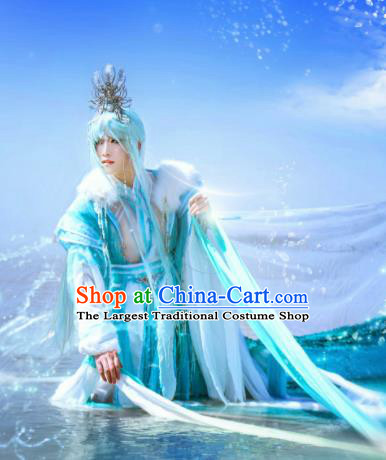 Traditional Chinese Cosplay Swordsman Blue Clothing Ancient Knight Embroidered Costumes and Headpiece Complete Set