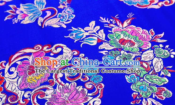 Chinese Traditional Royalblue Nanjing Brocade Satin Fabric Tang Suit Material Classical Peony Pattern Design Drapery