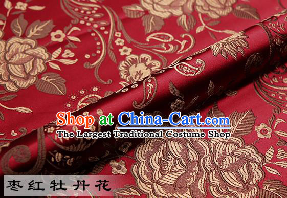 Chinese Traditional Wine Red Satin Classical Peony Pattern Design Brocade Fabric Tang Suit Material Drapery