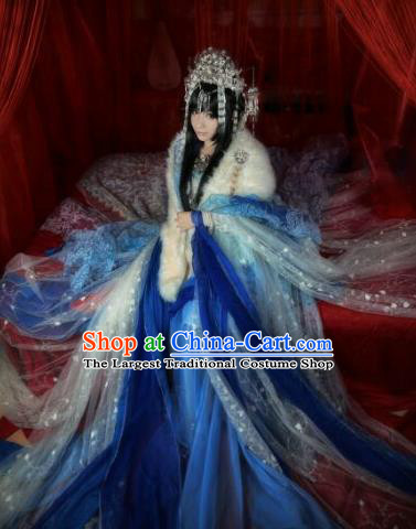 Chinese Ancient Imperial Consort Blue Costumes Traditional Cosplay Peri Embroidered Hanfu Dress for Women