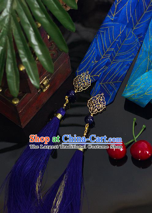 Top Grade Chinese Handmade Blue Silk Headband Ancient Hanfu Hair Accessories for Women