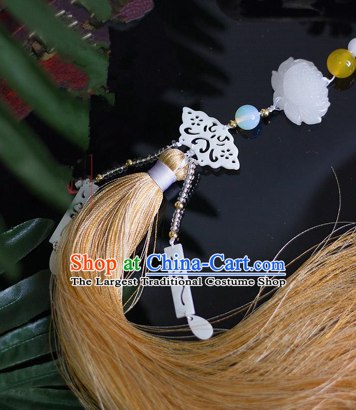 Chinese Traditional Handmade Waist Accessories Palace Yellow Tassel Lotus Jade Pendant for Men