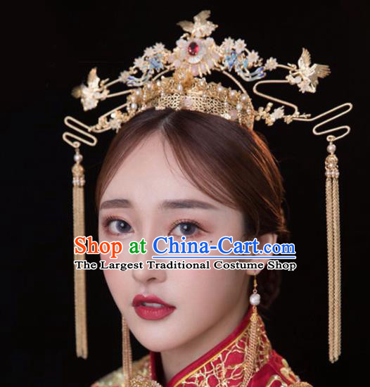 Chinese Traditional Xiuhe Suit Handmade Golden Phoenix Coronet Ancient Bride Hairpins Hair Accessories for Women