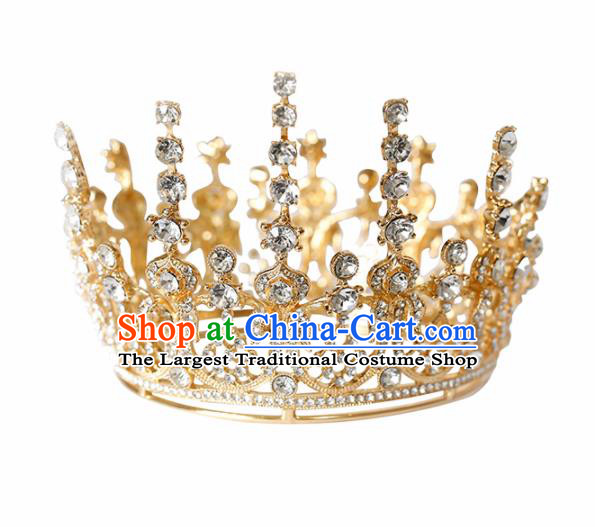 Top Grade Handmade Bride Golden Round Royal Crown Baroque Hair Accessories for Women