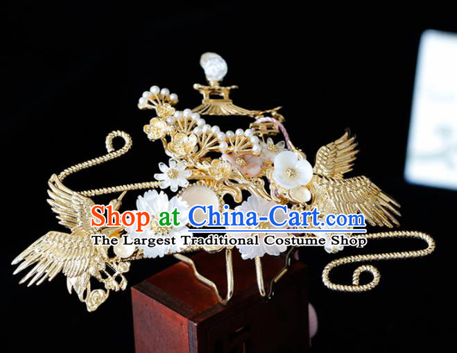 Chinese Traditional Xiuhe Suit Shell Flowers Cranes Hairpins Ancient Bride Handmade Hair Accessories for Women