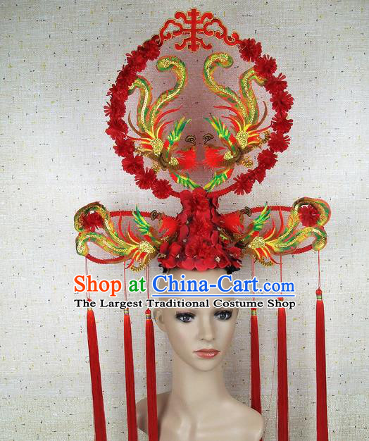 Top Grade Chinese Handmade Red Embroidered Phoenix Headdress Traditional Hair Accessories for Women