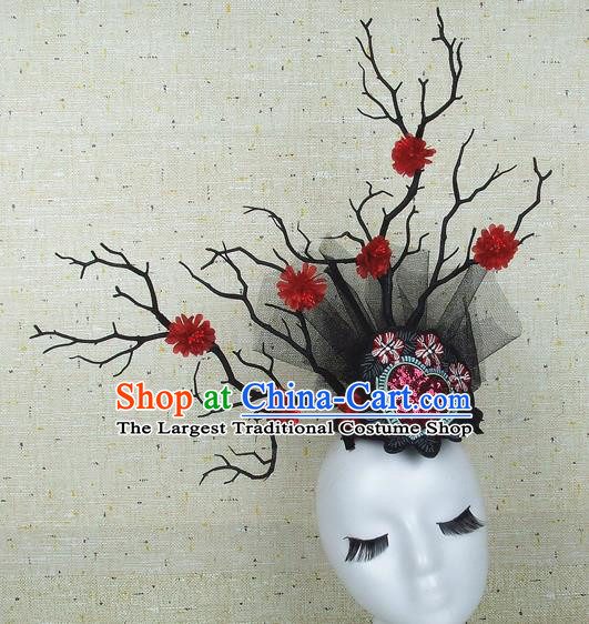 Chinese Traditional Handmade Red Flowers Hair Accessories Halloween Cosplay Headwear for Women