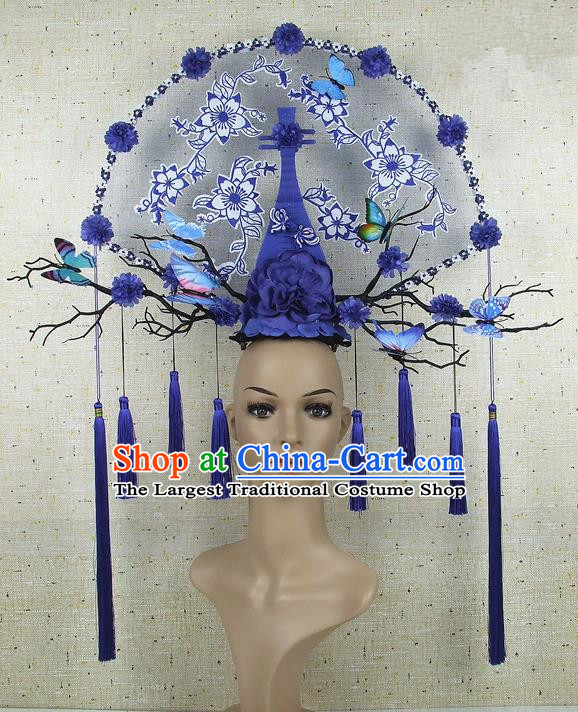 Top Grade Chinese Handmade Blue Lute Peony Headdress Traditional Hair Accessories for Women