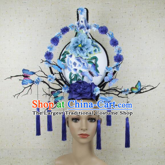 Top Grade Chinese Handmade Blue Peony Vase Headdress Traditional Hair Accessories for Women