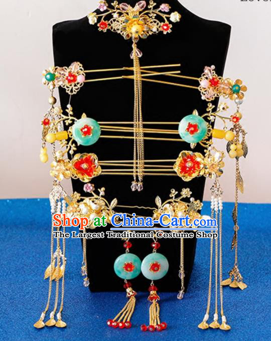 Chinese Traditional Wedding Jade Phoenix Coronet Ancient Bride Handmade Hair Accessories for Women