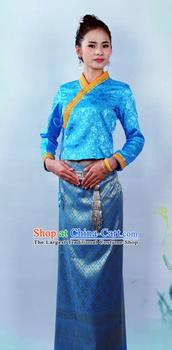 Asian Chinese Ethnic Costumes Traditional Dai Nationality Folk Dance Blue Blouse and Skirt for Women