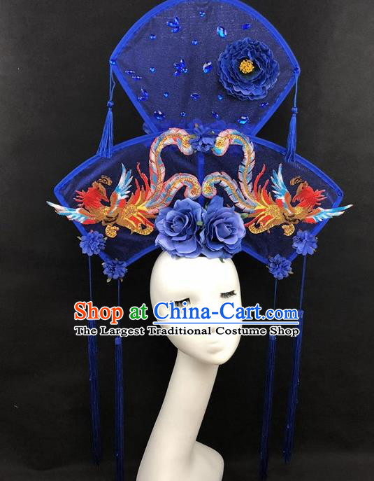 Chinese Traditional Palace Exaggerated Headdress Catwalks Embroidered Phoenix Blue Hair Accessories for Women