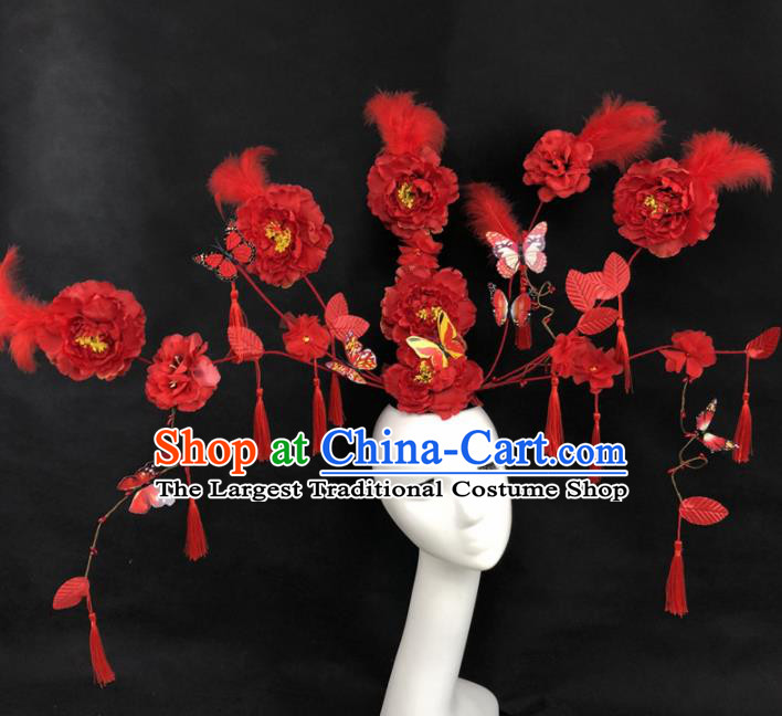 Chinese Traditional Palace Exaggerated Headdress Catwalks Red Peony Hair Accessories for Women