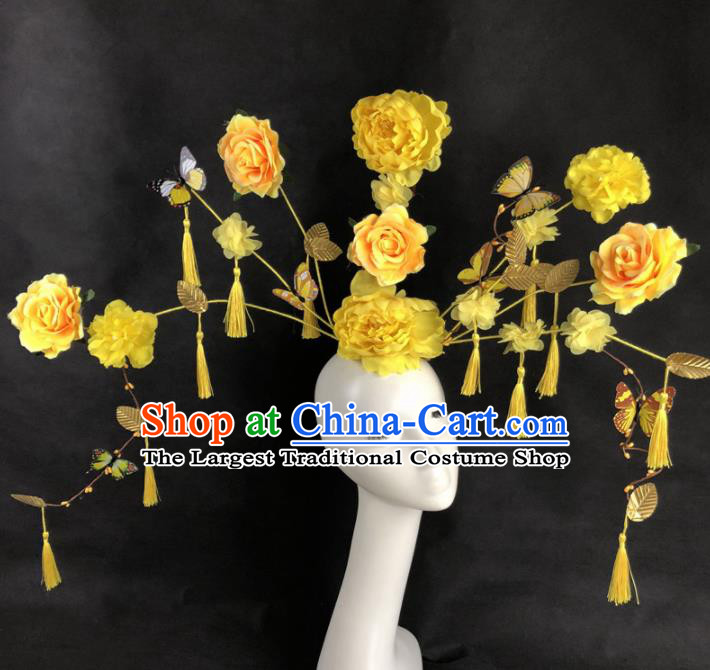 Chinese Traditional Palace Exaggerated Headdress Catwalks Yellow Peony Hair Accessories for Women