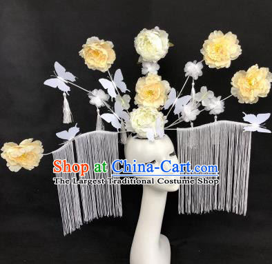 Chinese Traditional Palace Exaggerated Headdress Catwalks White Peony Hair Accessories for Women