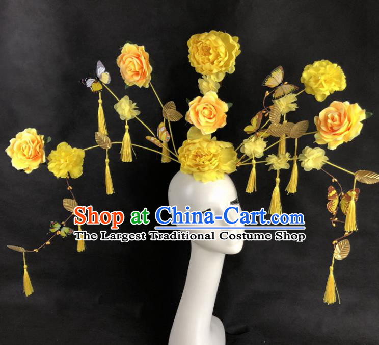 Chinese Traditional Palace Exaggerated Headdress Yellow Peony Catwalks Hair Accessories for Women