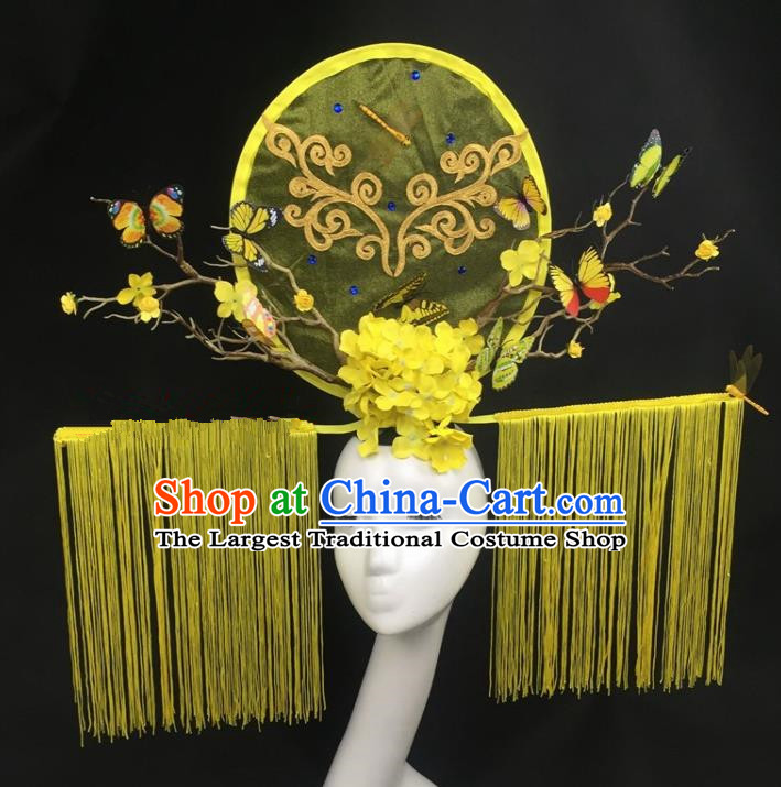 Chinese Traditional Palace Exaggerated Headdress Yellow Tassel Catwalks Hair Accessories for Women