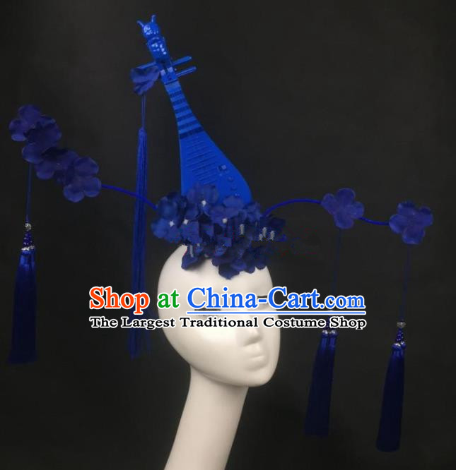 Chinese Traditional Exaggerated Headdress Palace Catwalks Blue Flowers Lute Tassel Hair Accessories for Women