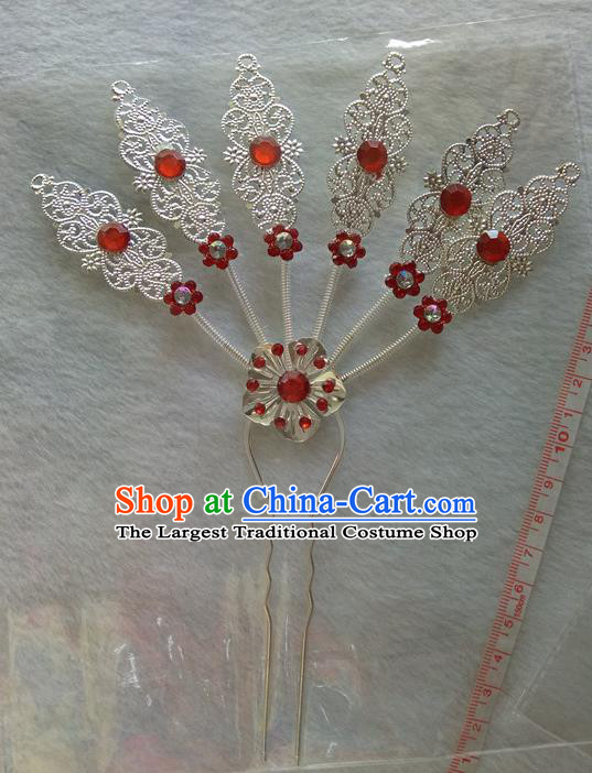 Chinese Ethnic Dai Nationality Hair Accessories Traditional Red Crystal Hairpins for Women