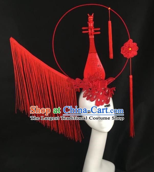 Chinese Traditional Exaggerated Headdress Palace Catwalks Red Lace Lute Hair Accessories for Women