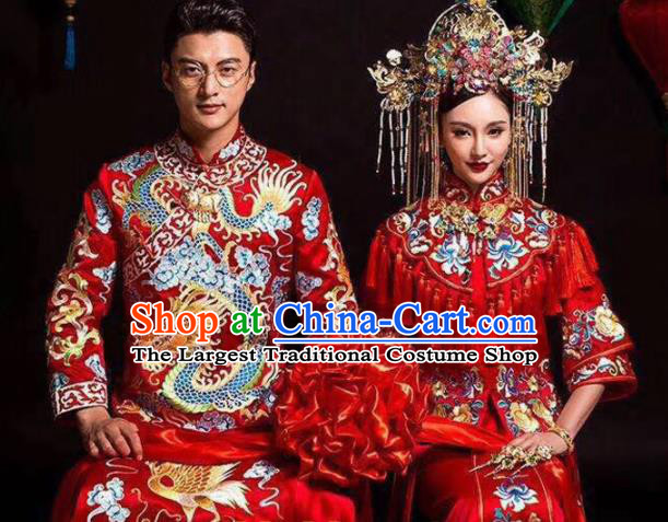 Asian Chinese Ancient Wedding Costumes Traditional Bride and Bridegroom Red Clothing for Women for Men