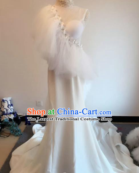 Top Grade Catwalks Costume Wedding White Satin Trailing Full Dress for Women