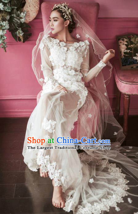 Top Grade Catwalks Costume White Lace Trailing Full Dress for Women