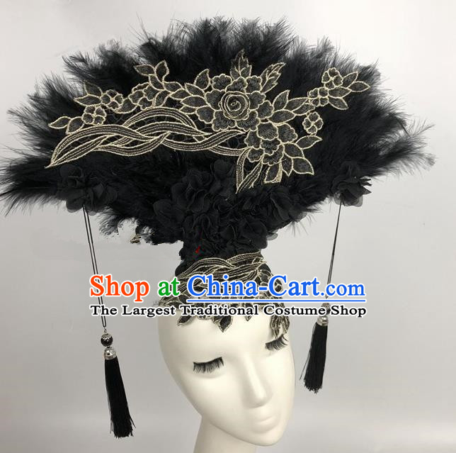 Chinese Traditional Exaggerated Headdress Catwalks Black Feather Hair Accessories for Women