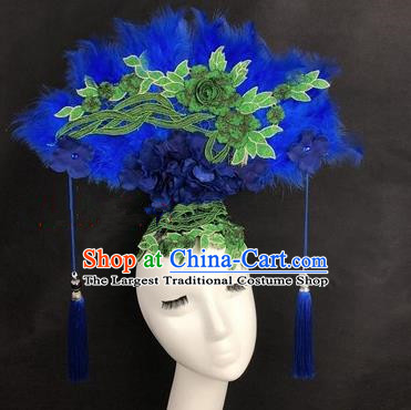 Chinese Traditional Exaggerated Headdress Catwalks Blue Feather Hair Accessories for Women