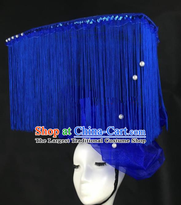 Top Grade Catwalks Hair Accessories Halloween Brazilian Carnival Blue Veil Tassel Headdress for Women