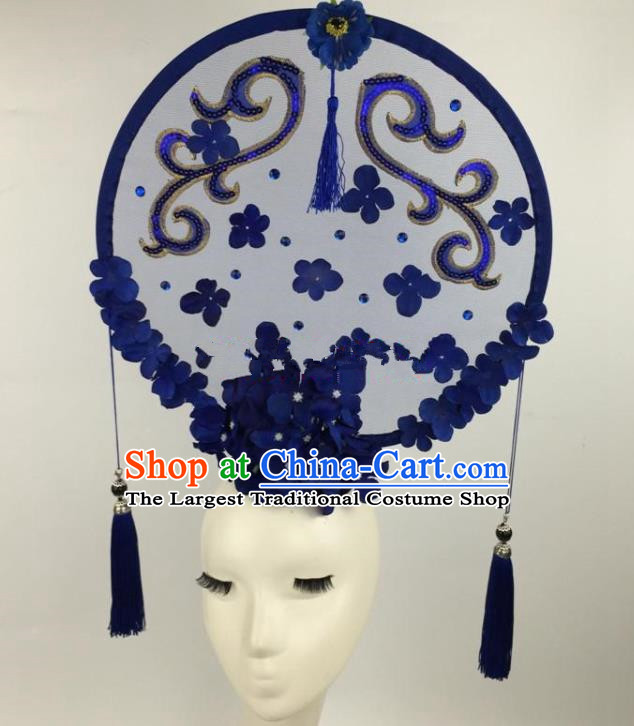 Chinese Traditional Exaggerated Palace Headdress Catwalks Blue Hair Accessories for Women