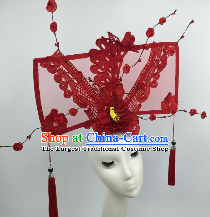 Chinese Traditional Catwalks Exaggerated Red Lace Headdress Palace Hair Accessories for Women