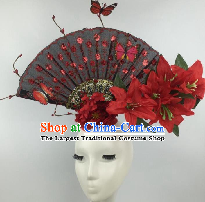 Chinese Traditional Catwalks Red Lily Flowers Headdress Palace Exaggerated Hair Accessories for Women