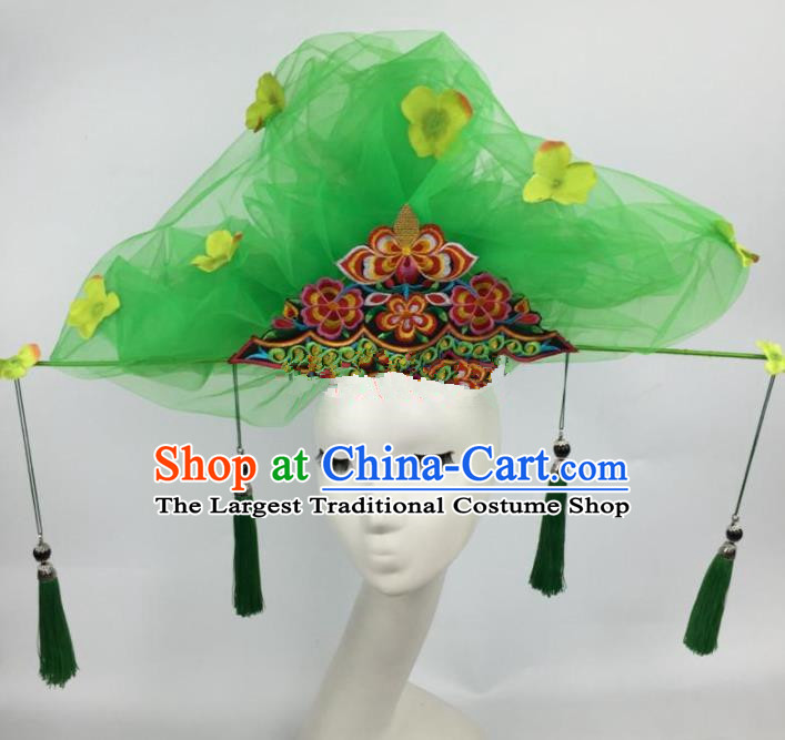 Chinese Traditional Catwalks Green Veil Headdress Palace Exaggerated Hair Accessories for Women