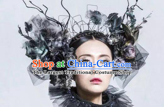 Top Grade Halloween Catwalks Hair Accessories Headdress Palace Black Roses Hat for Women